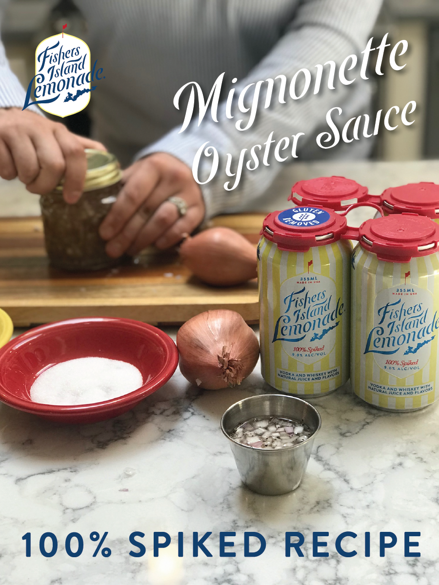 cans of fishers island lemonade next to mignonette sauce